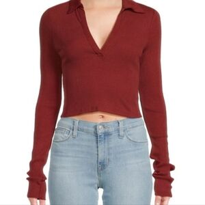 NWT The Range Ribbed Crop Polo Top In Berry